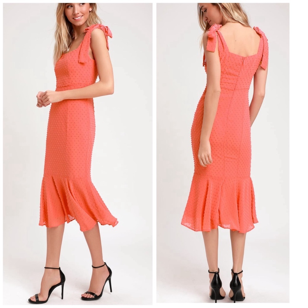 LULUS Bimini Coral Pink Swiss Dot Tie-Strap Midi Dress Size Medium.